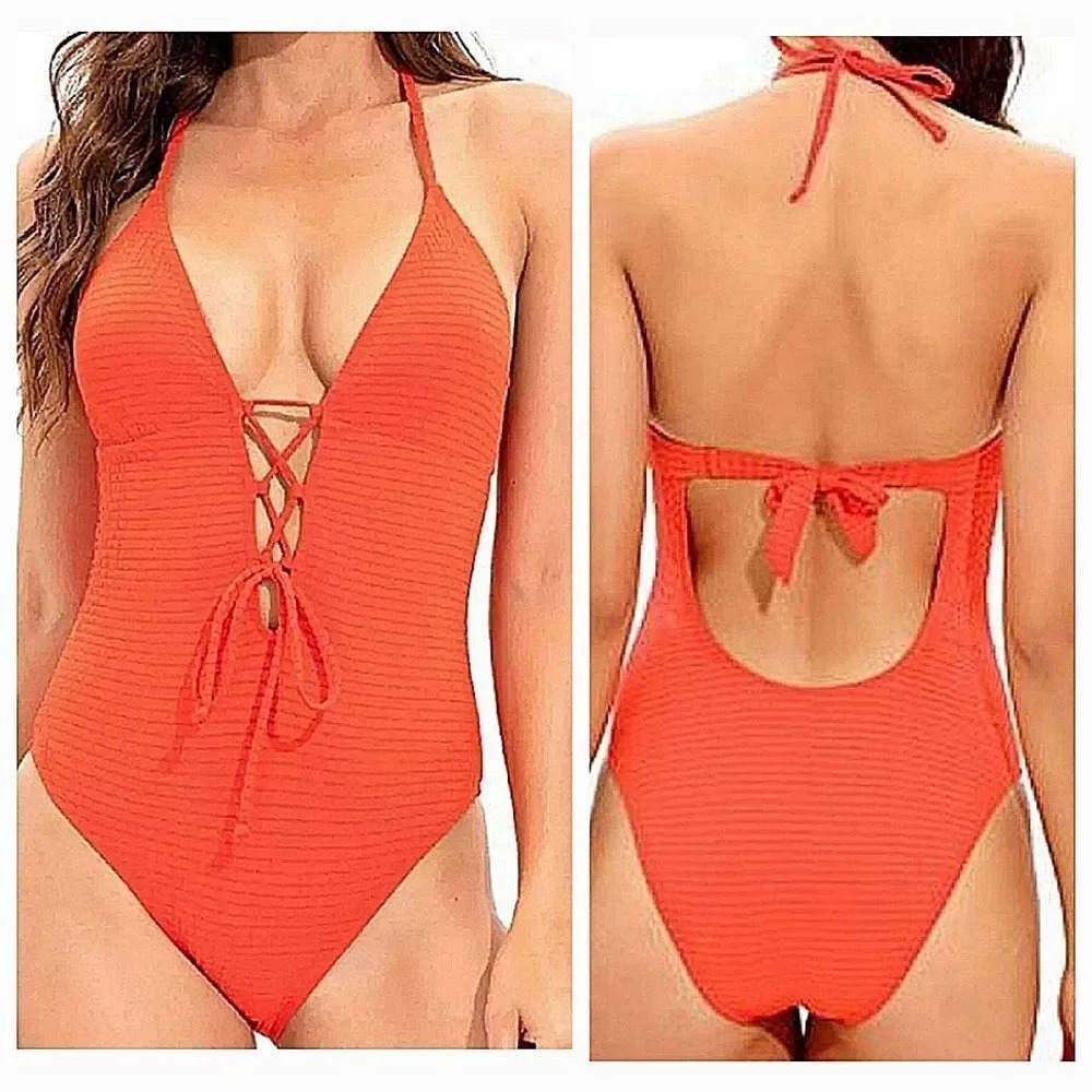 Lucky Brand Women's Golden Wave Textured Plunging Lace-Up Swimsuit Size small
